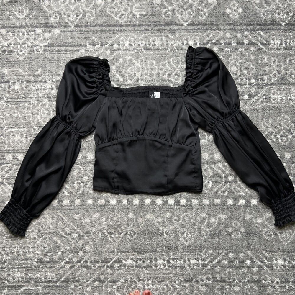 Black Satin Corset Style Cropped Puff Sleeve Top Size XXXS Whimsygoth Fairy
